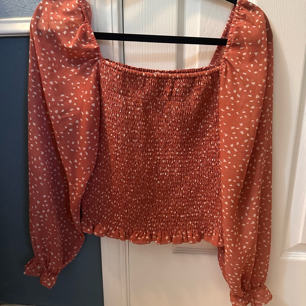 Lush Rust Smocked Peasant Blouse with White Speckle